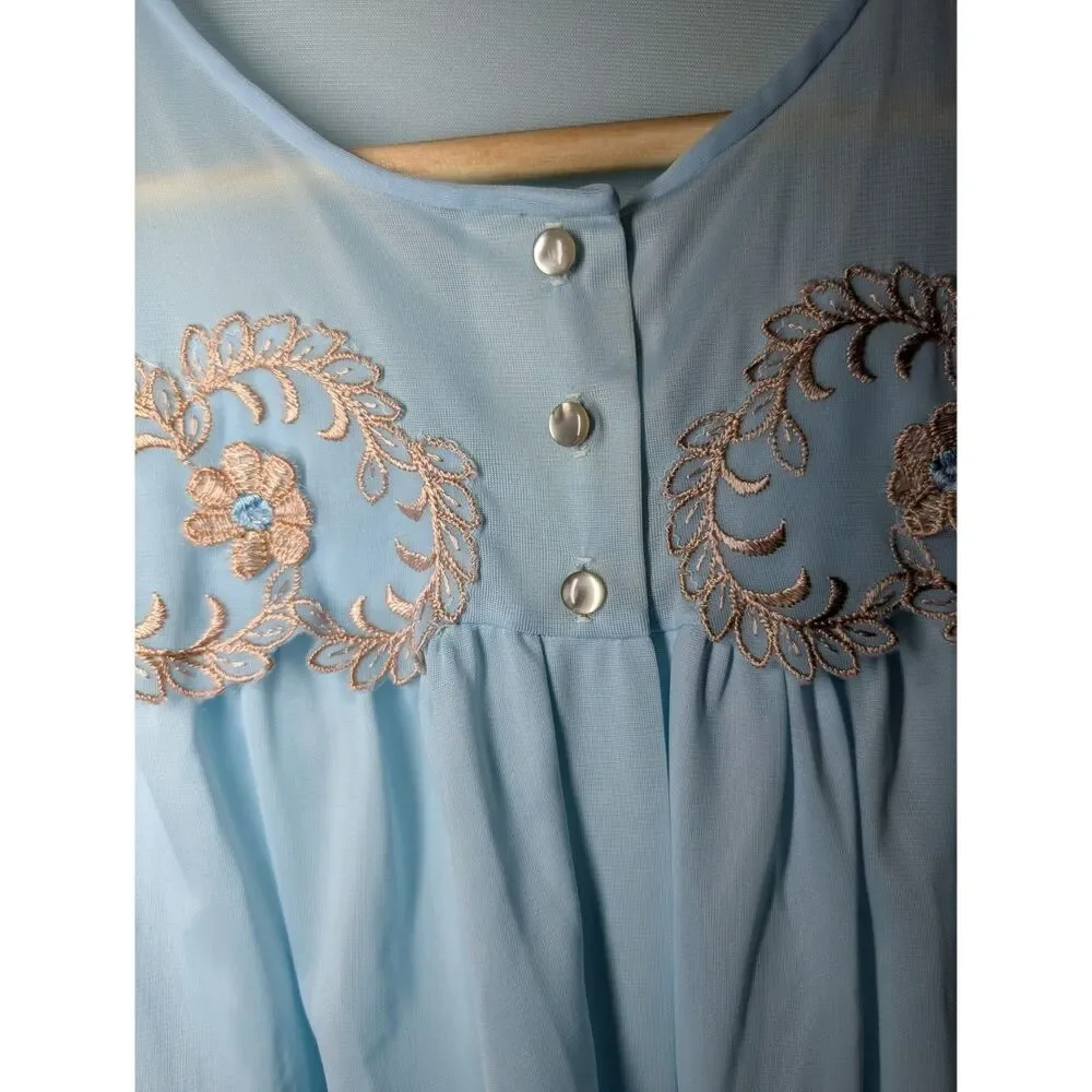Vintage Pinehurst Blue Peignoir Set w/ Embroidered Lace Trim Med Robe Nightgown